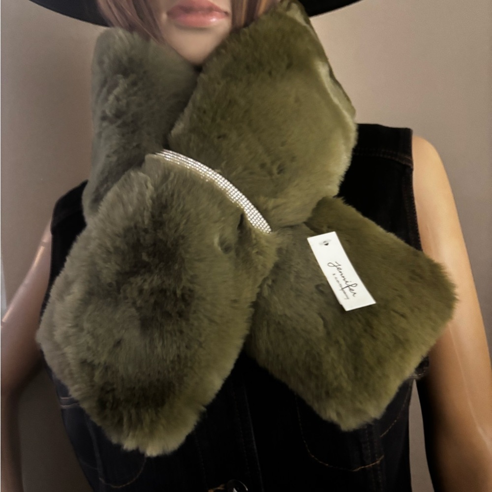 Olive Faux Fur Bling Pull Through Scarf